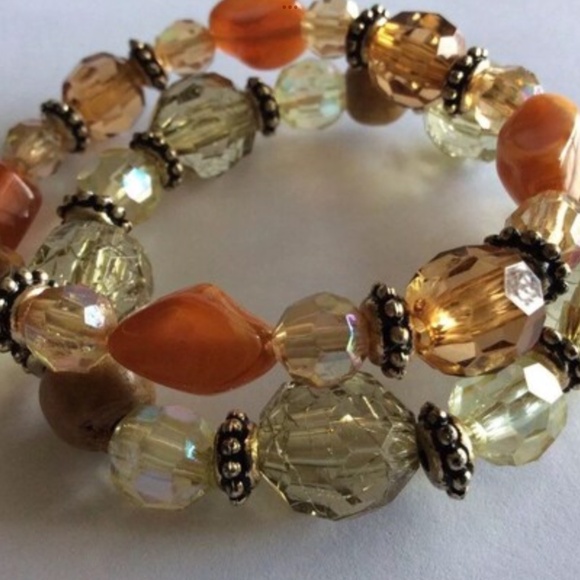 Lot of 2 Vintage Bracelets Beaded Green Brown Bronze Stretchy Stackable - Picture 3 of 3